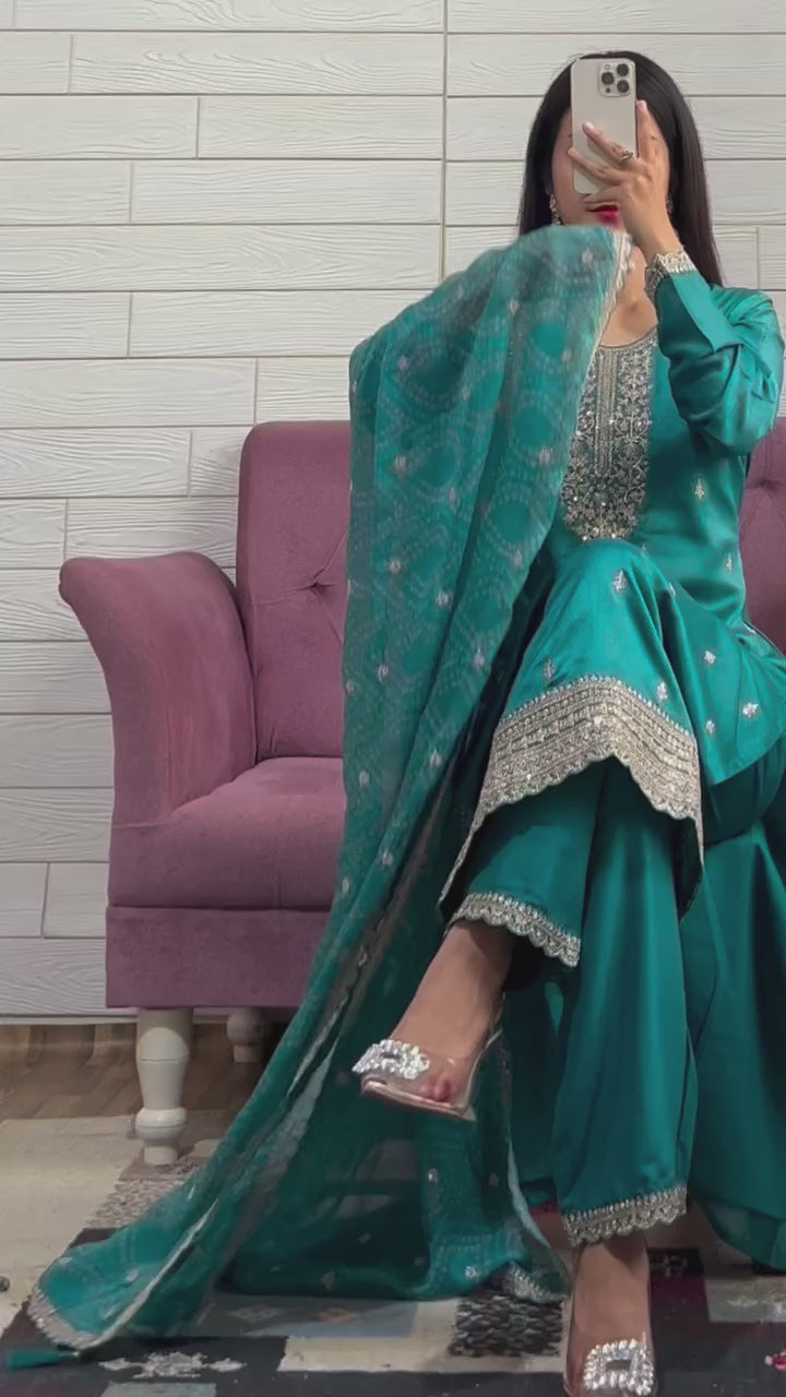 Elegant Teal Chinon Embroidered Suit Set with Dupatta – Fully Stitched