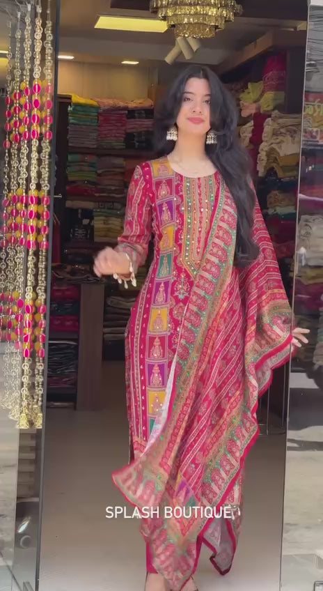 Chic Maslin Printed Suit Set with Heavy Mirror Work & Roman Silk Pants – Fully Stitched