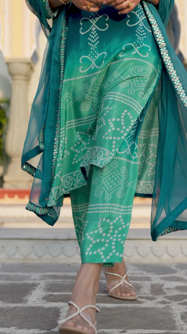 Elegant Teal Blue Chinnon Silk Embroidered Suit Set with Nazmeen Dupatta