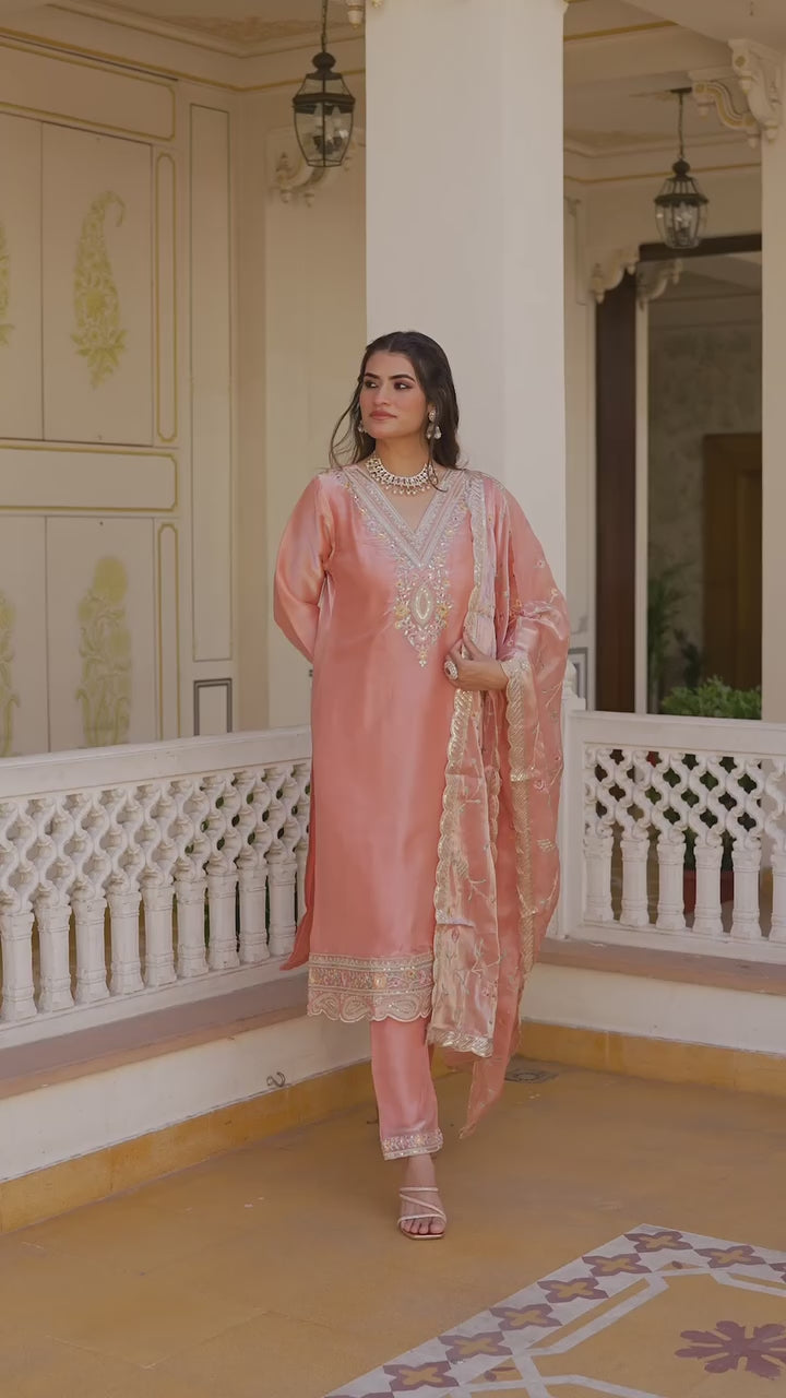 Elegant Peach Embroidered Jimmy Choo Silk Suit Set with Dupatta – Fully Stitched
