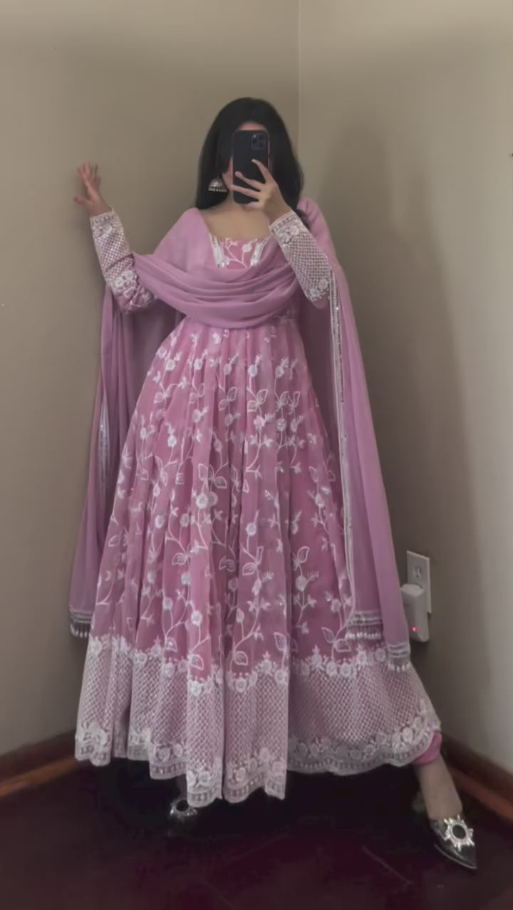 Pink Georgette Anarkali Dress with Dupatta – Embroidered Full Sleeve Suit