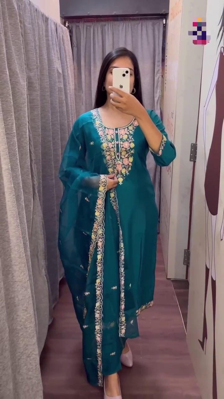 Teal Roman Silk Embroidered Suit Set with Organza Dupatta – Fully Stitched