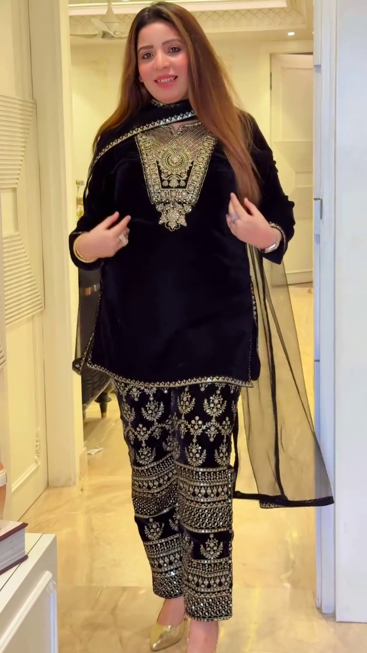 Viscose Velvet Heavy Embroidered Suit Set with Butterfly Net Dupatta – Fully Stitched