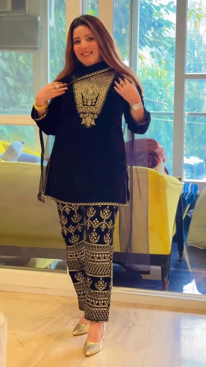 Viscose Velvet Heavy Embroidered Suit Set with Butterfly Net Dupatta – Fully Stitched