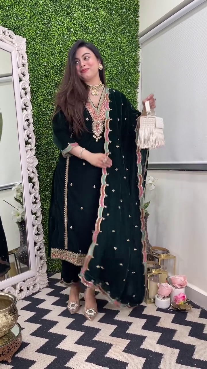 Royal Velvet Embroidered Suit Set – Heavy Viscose with Dupatta (Fully Stitched)
