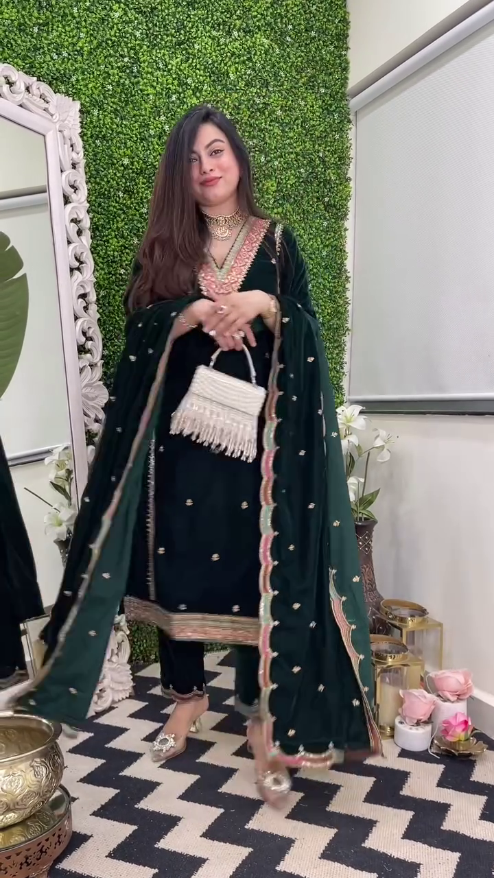 Royal Velvet Embroidered Suit Set – Heavy Viscose with Dupatta (Fully Stitched)