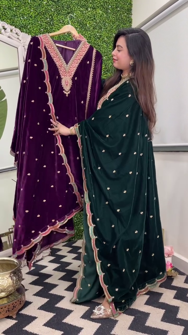 Royal Velvet Embroidered Suit Set – Heavy Viscose with Dupatta (Fully Stitched)