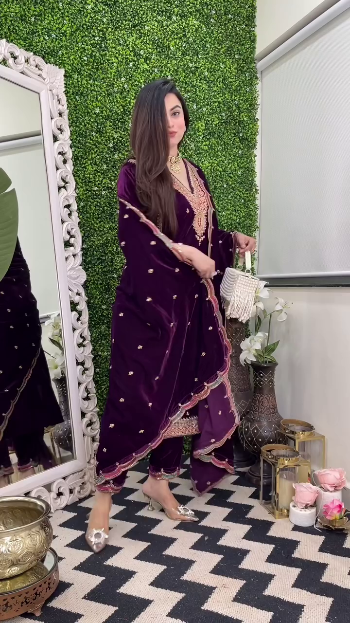 Royal Velvet Embroidered Suit Set – Heavy Viscose with Dupatta (Fully Stitched)