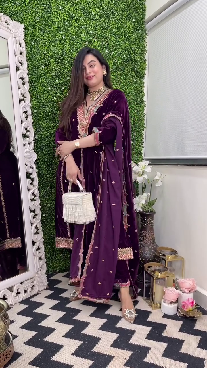 Royal Velvet Embroidered Suit Set – Heavy Viscose with Dupatta (Fully Stitched)