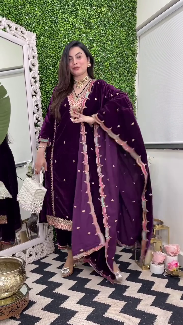 Royal Velvet Embroidered Suit Set – Heavy Viscose with Dupatta (Fully Stitched)