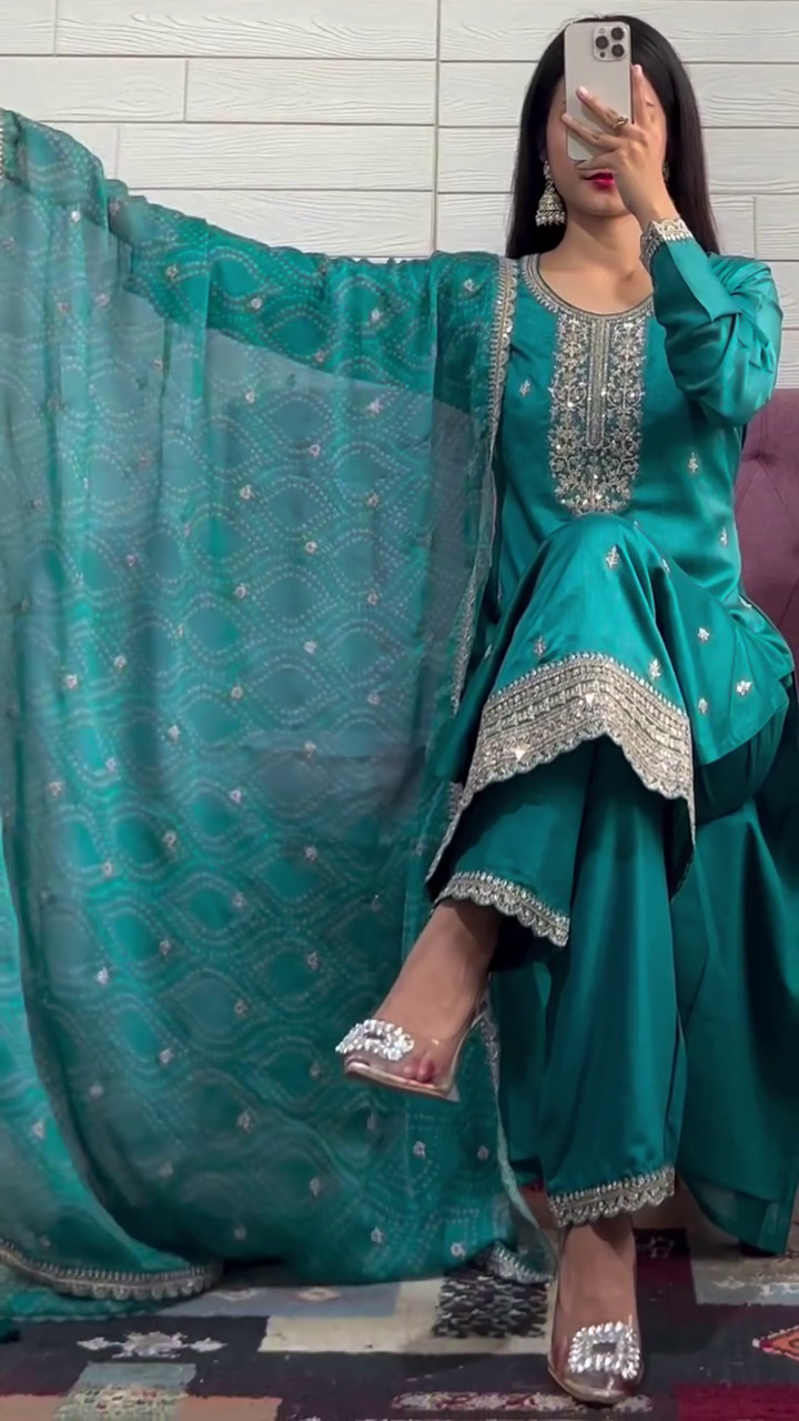Elegant Teal Chinon Embroidered Suit Set with Dupatta – Fully Stitched