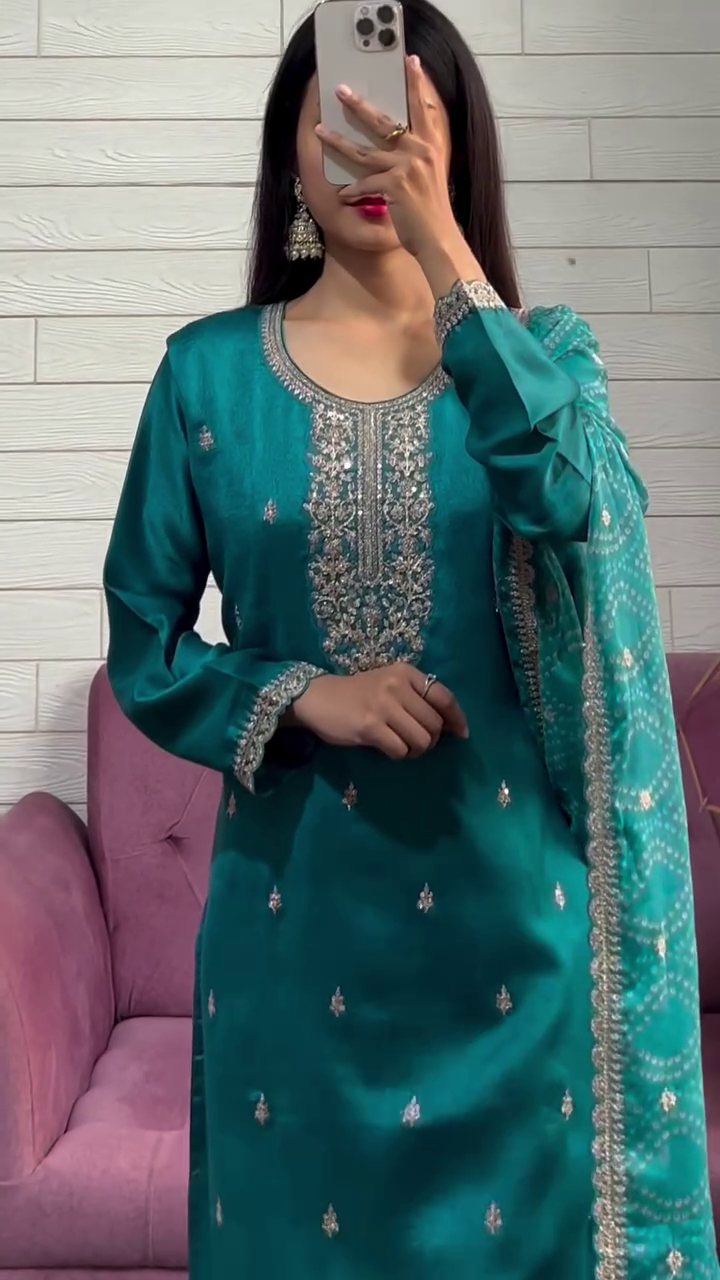 Elegant Teal Chinon Embroidered Suit Set with Dupatta – Fully Stitched