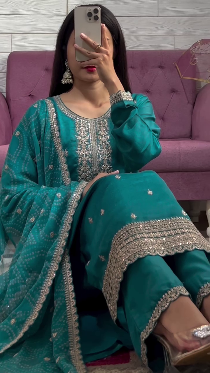 Elegant Teal Chinon Embroidered Suit Set with Dupatta – Fully Stitched