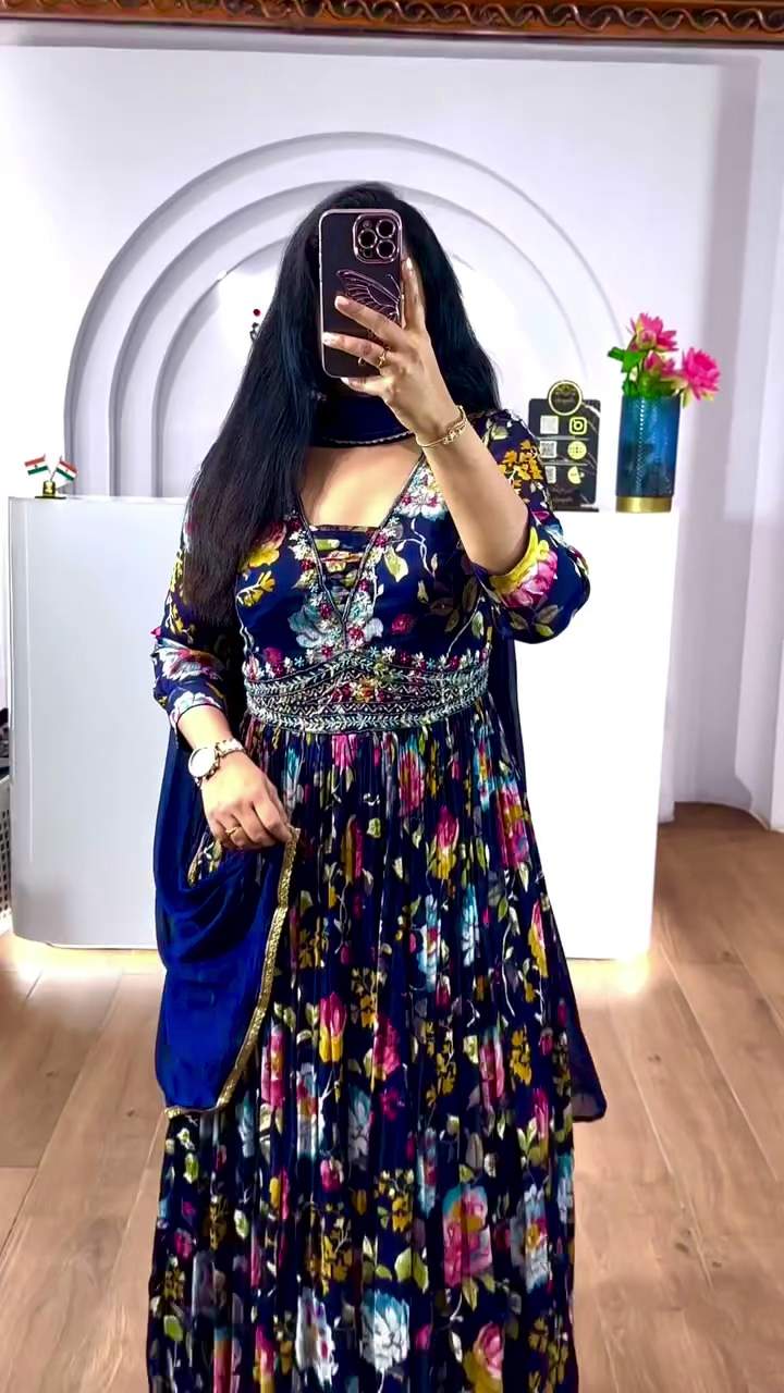 Floral Chinon Silk Anarkali Dress with Embroidery & Dupatta – Fully Stitched