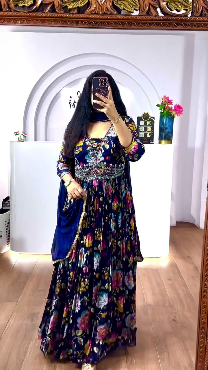 Floral Chinon Silk Anarkali Dress with Embroidery & Dupatta – Fully Stitched