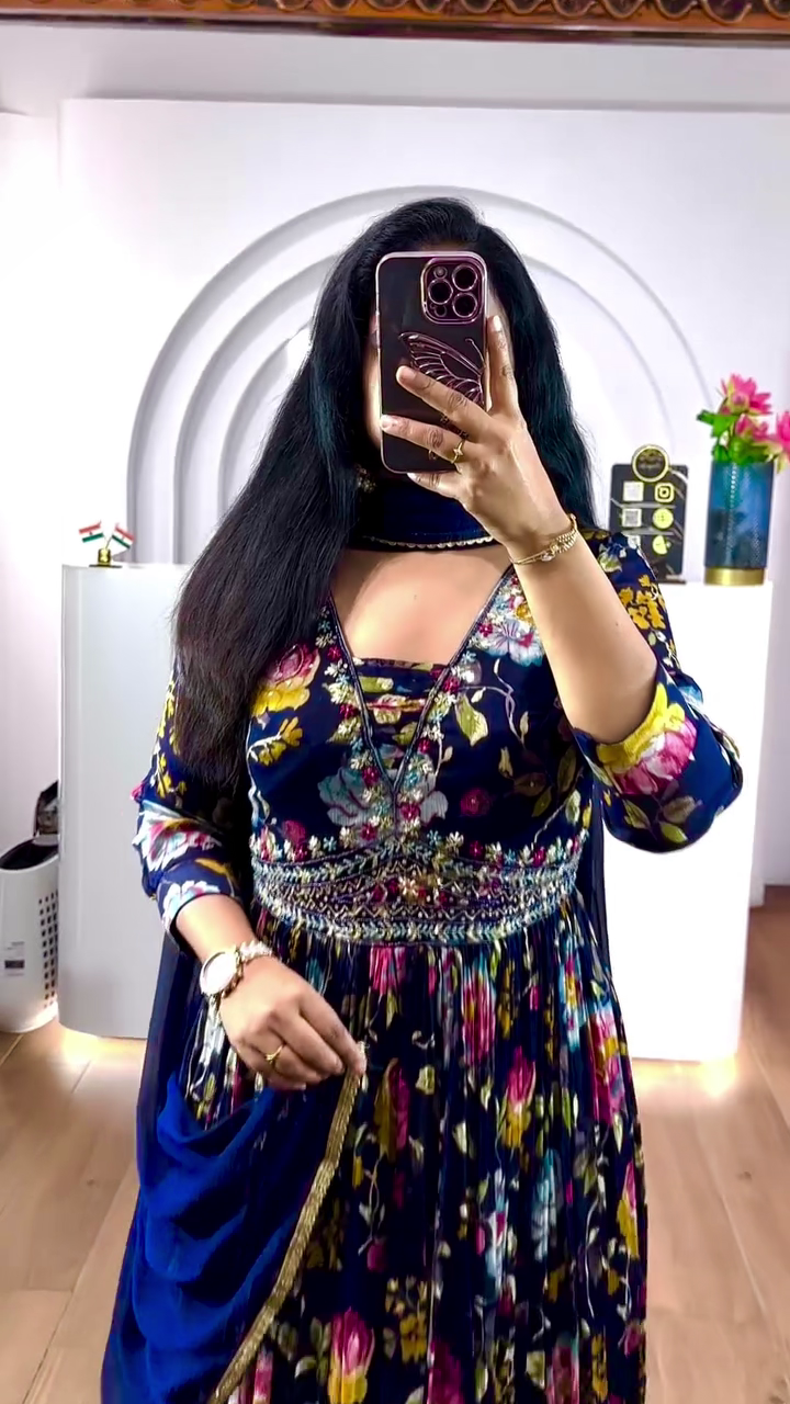 Floral Chinon Silk Anarkali Dress with Embroidery & Dupatta – Fully Stitched