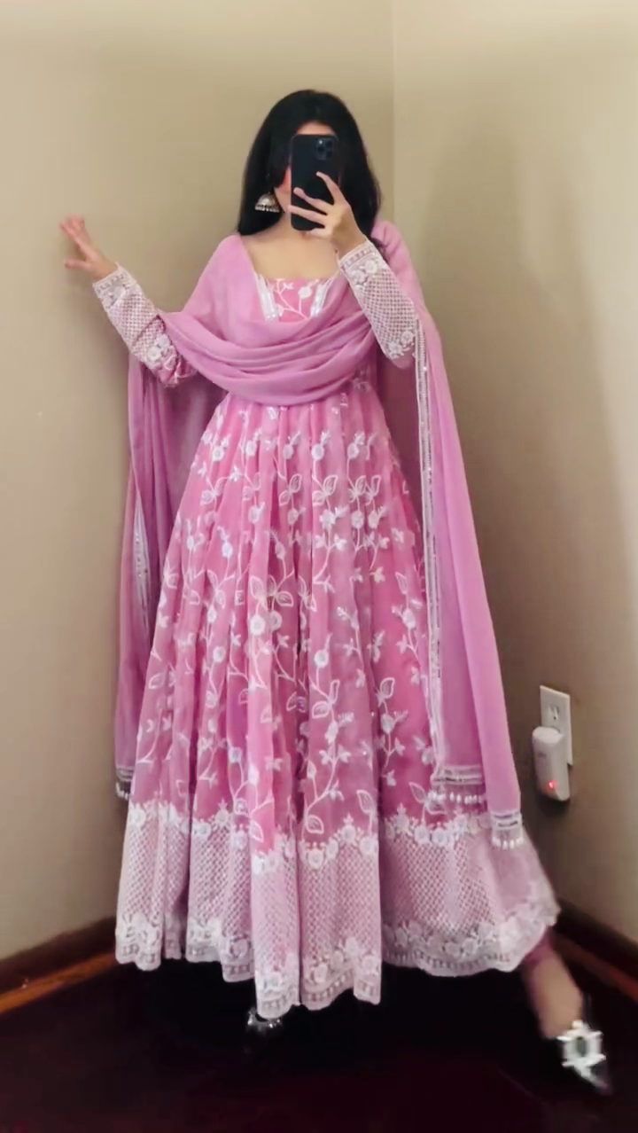 Elegant Pink Embroidered Anarkali Set – Fox Georgette with Dupatta (Fully Stitched)