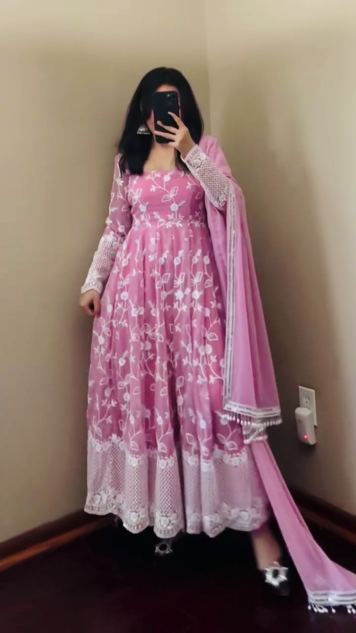 Elegant Pink Embroidered Anarkali Set – Fox Georgette with Dupatta (Fully Stitched)