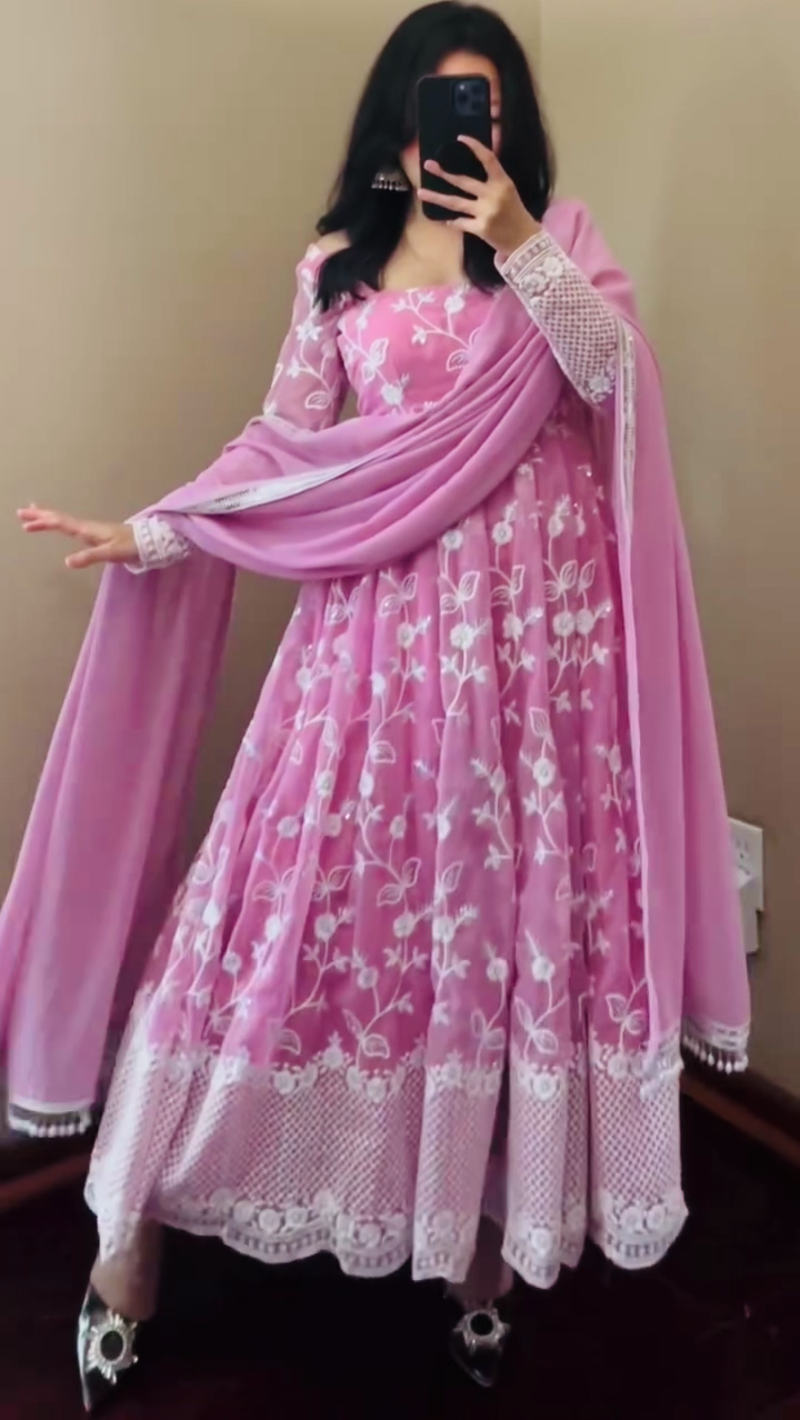 Elegant Pink Embroidered Anarkali Set – Fox Georgette with Dupatta (Fully Stitched)