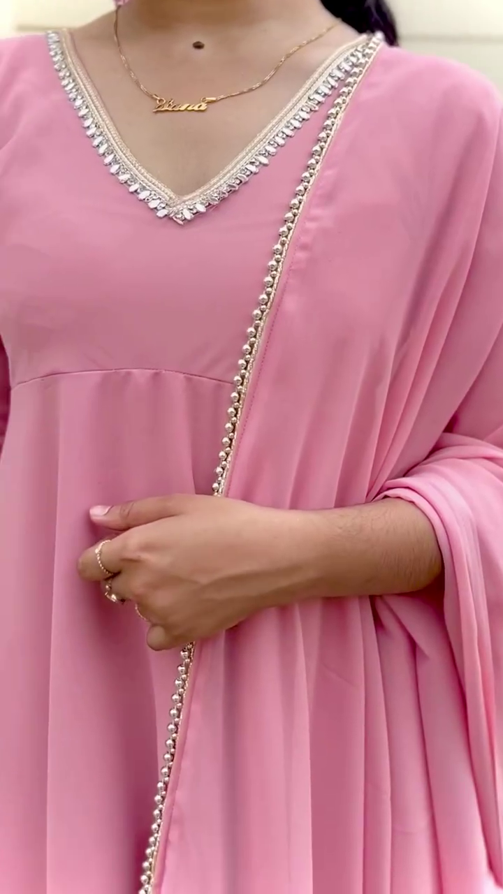 Blush Pink Georgette Anarkali Suit Set with Mirror Work & Palazzo – Full Stitched