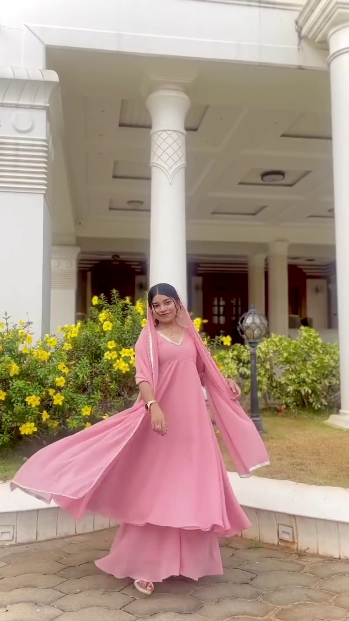 Blush Pink Georgette Anarkali Suit Set with Mirror Work & Palazzo – Full Stitched