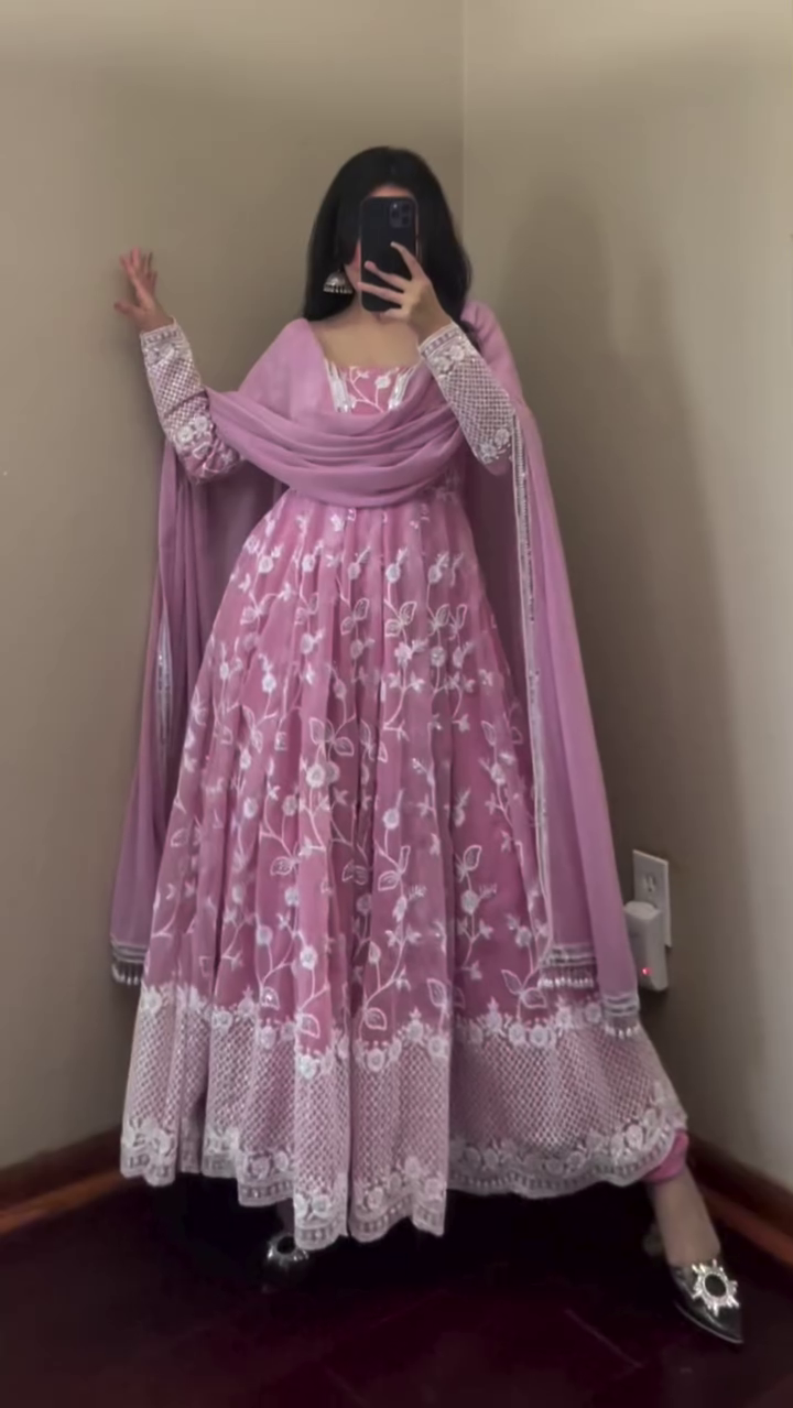 Pink Georgette Anarkali Dress with Dupatta – Embroidered Full Sleeve Suit
