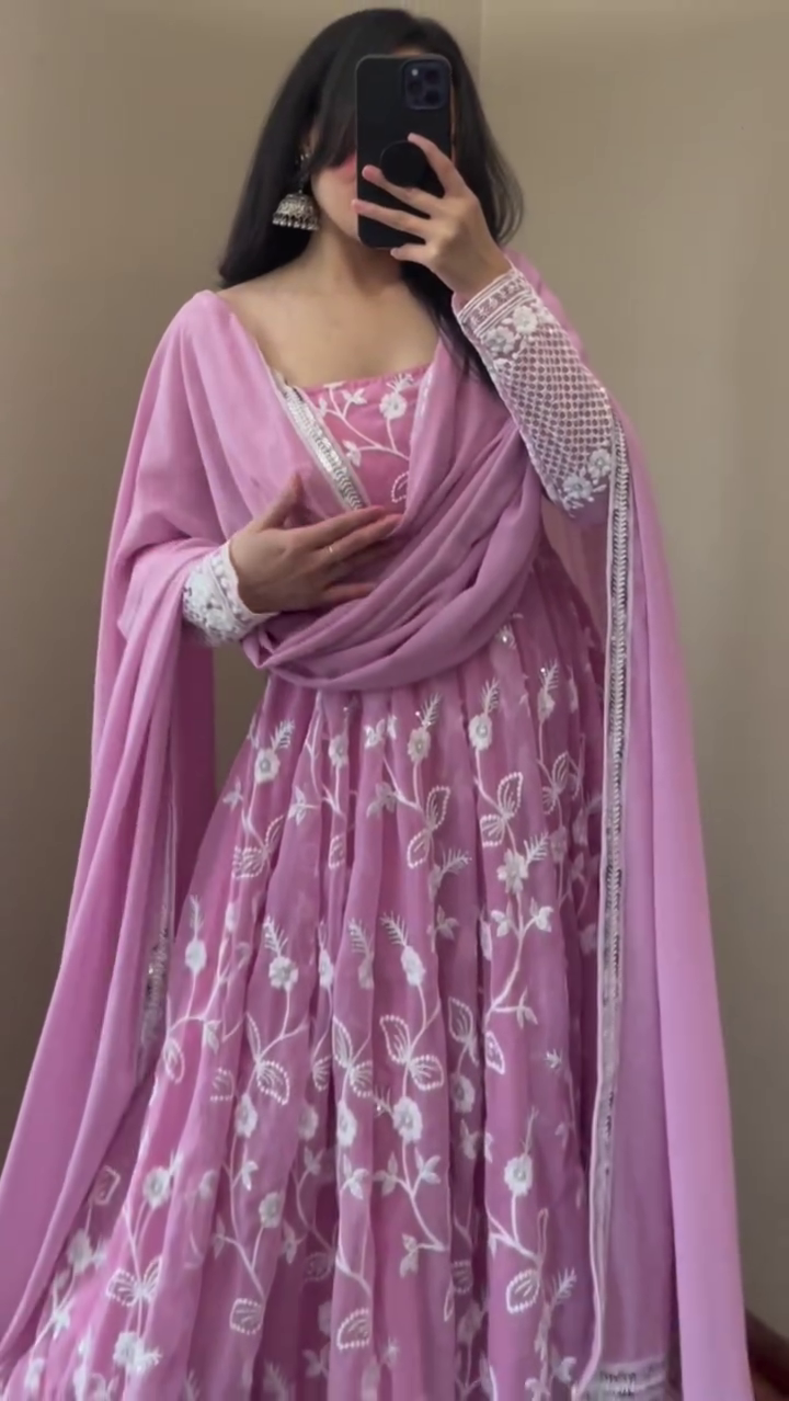 Pink Georgette Anarkali Dress with Dupatta – Embroidered Full Sleeve Suit