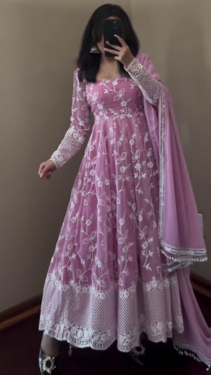 Pink Georgette Anarkali Dress with Dupatta – Embroidered Full Sleeve Suit