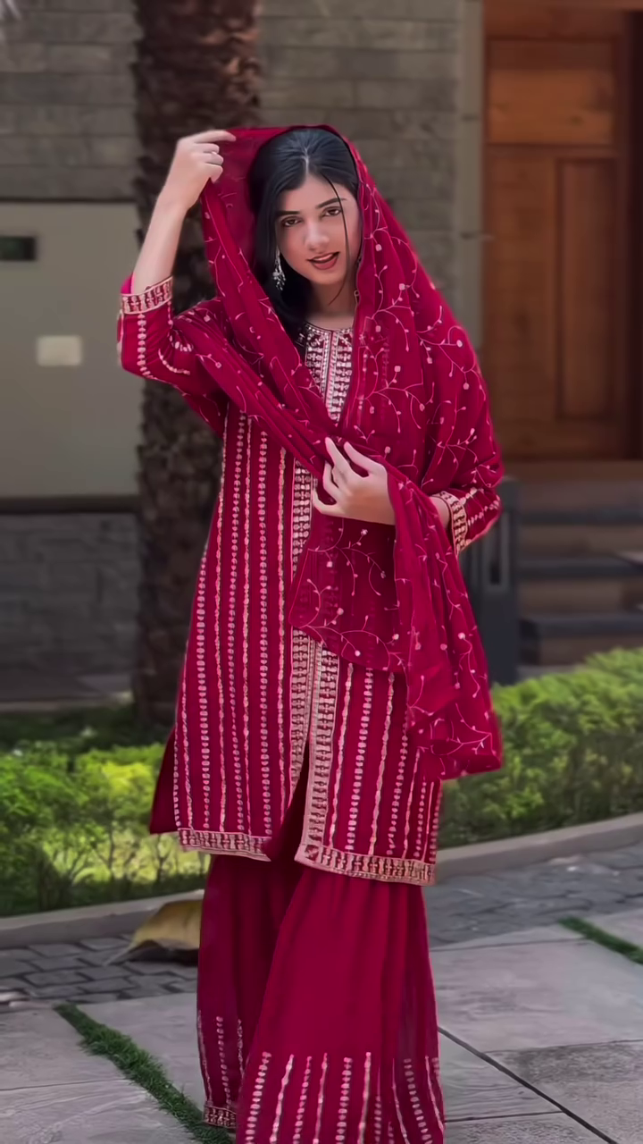 Rich Maroon Embroidered Faux Georgette Sharara Suit Set with Dupatta