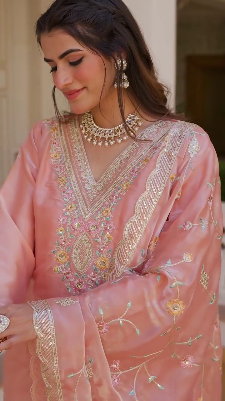 Elegant Peach Embroidered Jimmy Choo Silk Suit Set with Dupatta – Fully Stitched