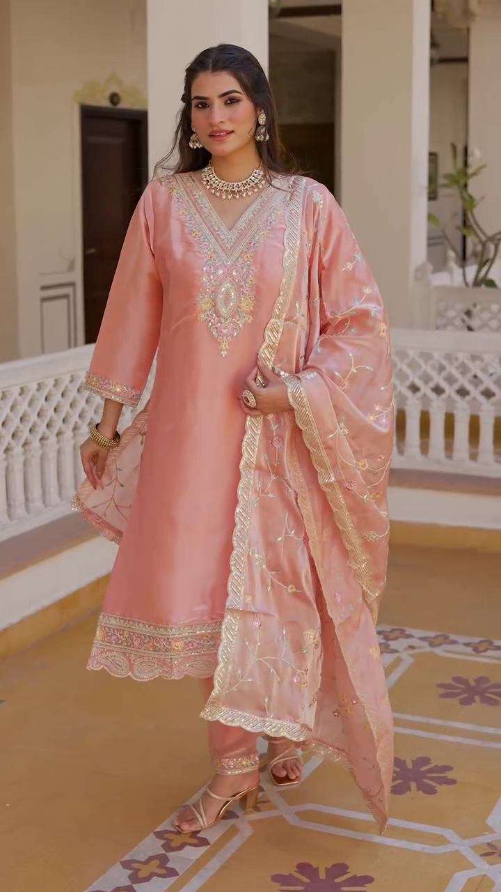 Elegant Peach Embroidered Jimmy Choo Silk Suit Set with Dupatta – Fully Stitched