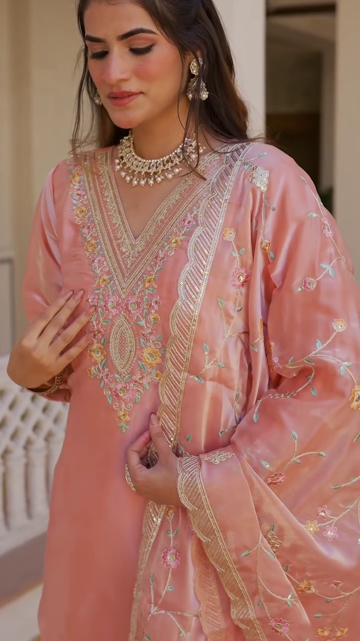Elegant Peach Embroidered Jimmy Choo Silk Suit Set with Dupatta – Fully Stitched